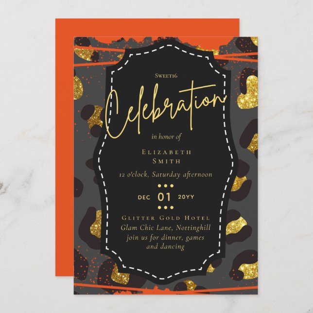 Budget Pretty Girly Sweet16 Gold Animal Print Inv Invitation (Front/Back)