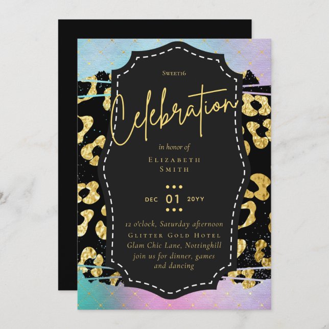 Budget Pretty Girly Sweet16 Gold Animal Print Inv Invitation (Front/Back)
