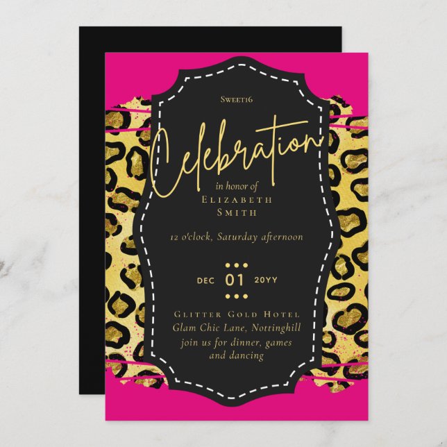 Budget Pretty Girly Sweet16 Gold Animal Print Inv Invitation (Front/Back)