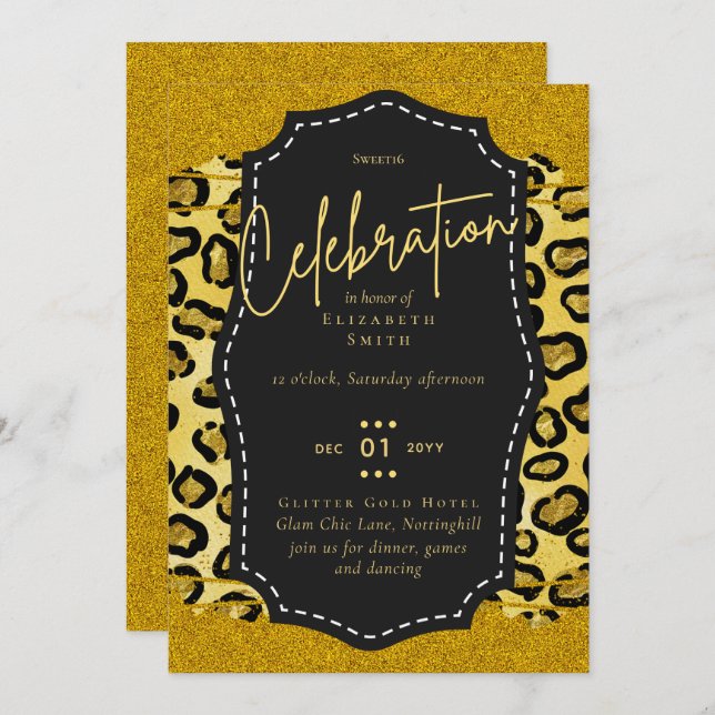 Budget Pretty Girly Sweet16 Gold Animal Print Inv Invitation (Front/Back)