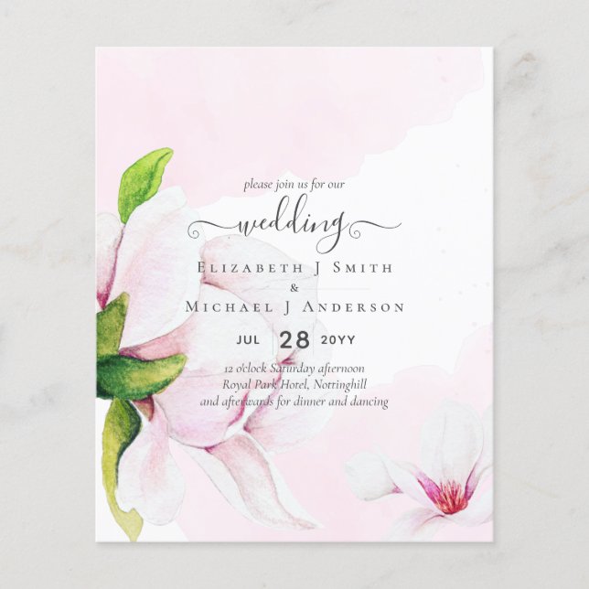 BUDGET Pretty Pink Magnolias Floral Wedding Invite Flyer (Front)