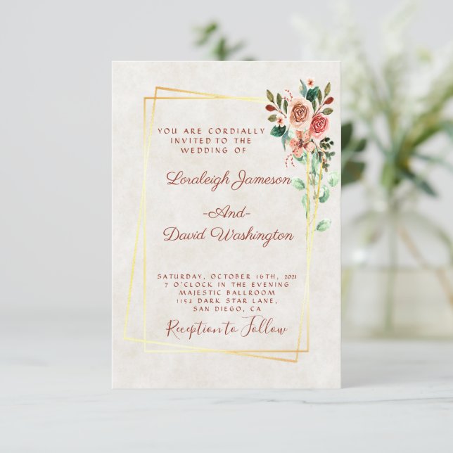 Budget Pretty rose and gold wedding  Invitation (Standing Front)
