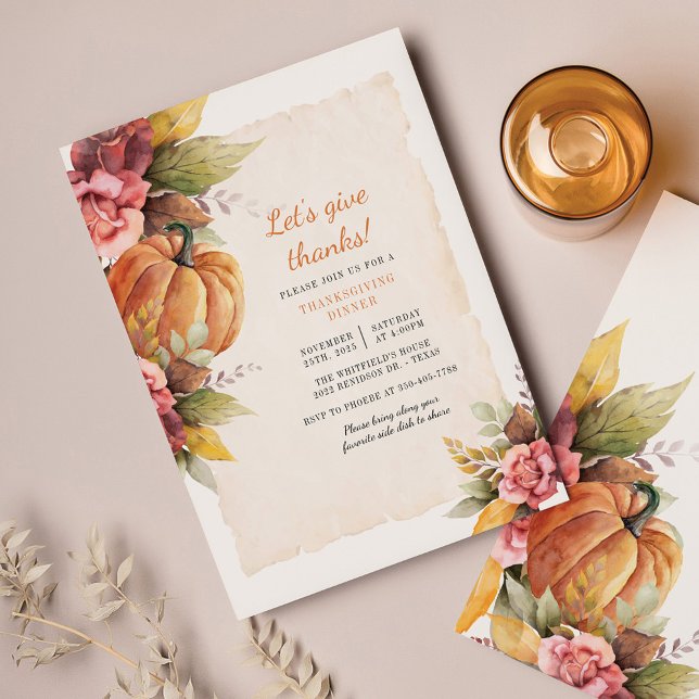 Budget Pumpkin Floral Thanksgiving Dinner (Fall Floral Pumpkin Thanksgiving Dinner Invitation)
