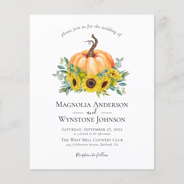 Budget Pumpkin Sunflower Fall Wedding Invitation (Front)