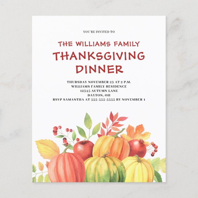 Budget Pumpkin Thanksgiving Dinner Invitation  Flyer (Front)