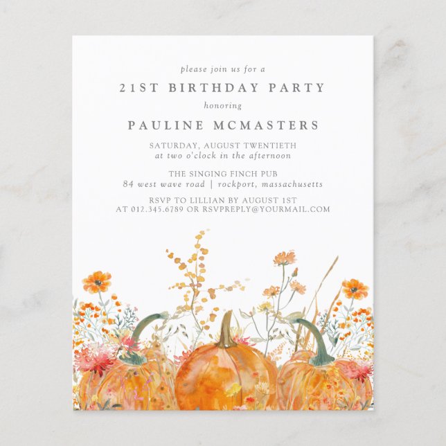 Budget Pumpkin Wildflower 21st Birthday Invitation (Front)