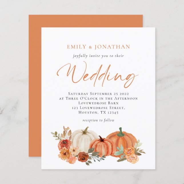 Budget Pumpkins Fall Florals Wedding Invitation (Front/Back)