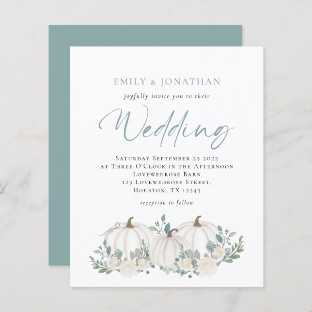 Budget Pumpkins Teal Foliage Wedding Invite (Front/Back)