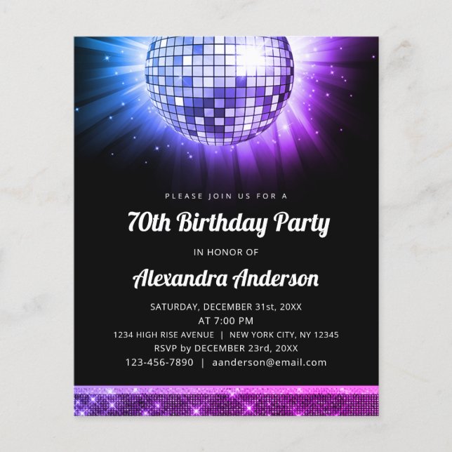 Budget Purple 70th Birthday Party 70's Disco Ball Flyer (Front)