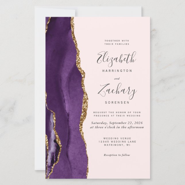 Budget Purple Agate Blush QR Code Wedding Invite (Front)