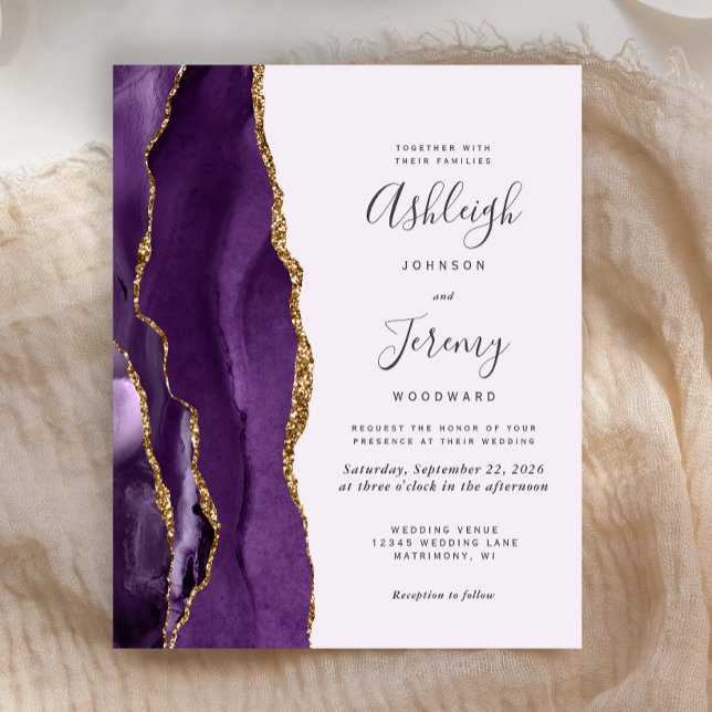 Budget Purple Agate Gold Modern Wedding Invitation (Creator Uploaded)