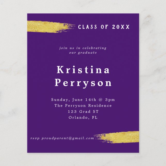 Budget Purple and Gold Graduation Invitation (Front)