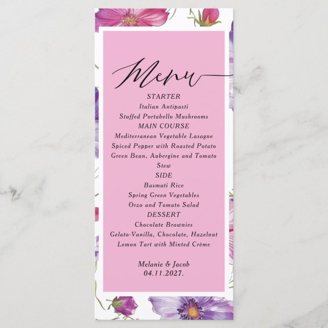 Budget Purple and Pink Floral Wedding  Menu (Front)