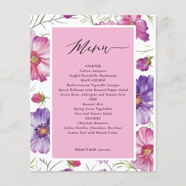 Budget Purple and Pink Floral Wedding Menu Flyer (Front)