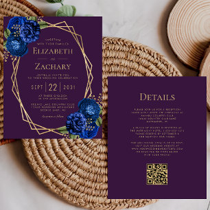 Budget Purple Blue Floral Gold QR Code Wedding