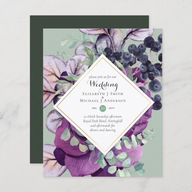BUDGET Purple Blue Floral Wedding Invitations (Front/Back)