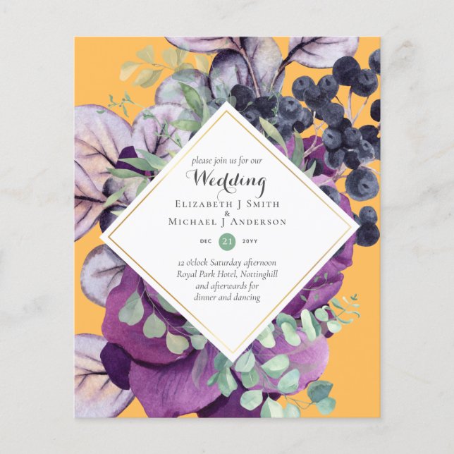 BUDGET Purple Blue Floral Wedding Invitations Flyer (Front)