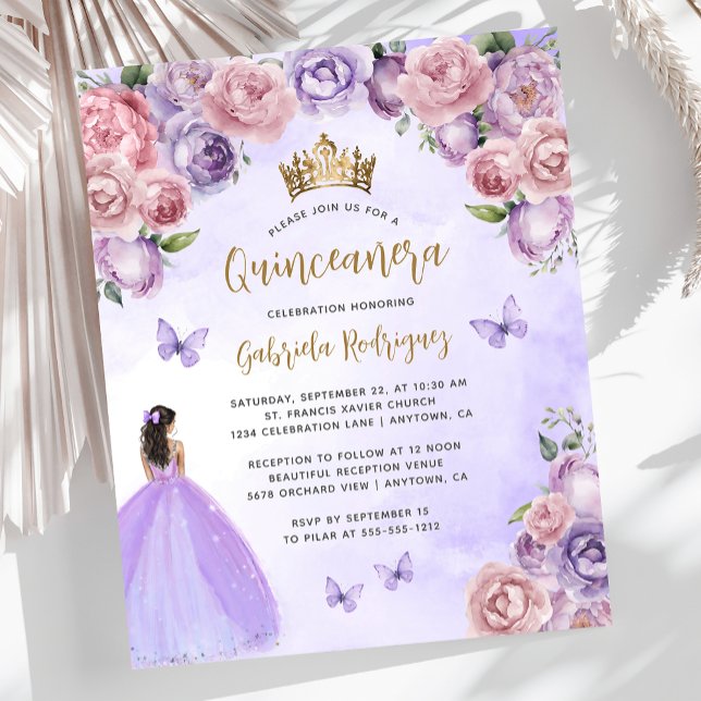 Budget Purple Blush Gold Floral Quinceañera Invite (Creator Uploaded)