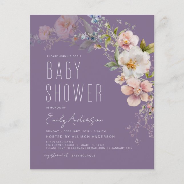 Budget Purple Boho Wildflower Baby Shower (Front)