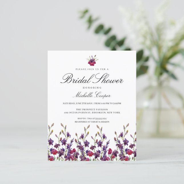 Budget Purple Botanical Bridal Shower Invitation (Standing Front)