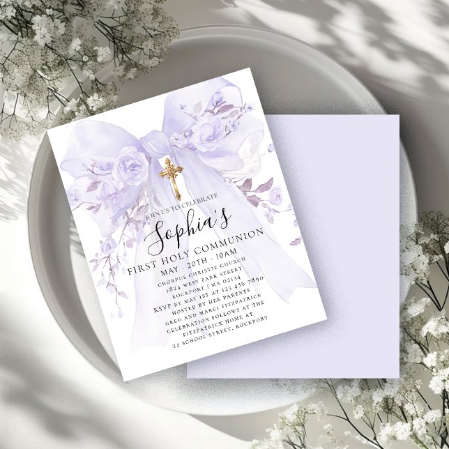 BUDGET Purple Bow Rose First Communion Invite (Creator Uploaded)
