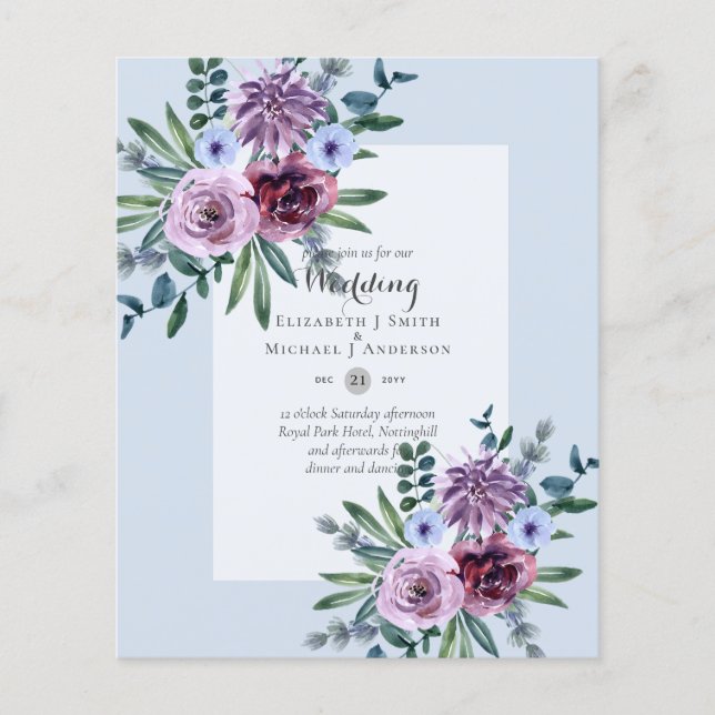 BUDGET Purple Burgundy Blue Floral Wedding Invites Flyer (Front)