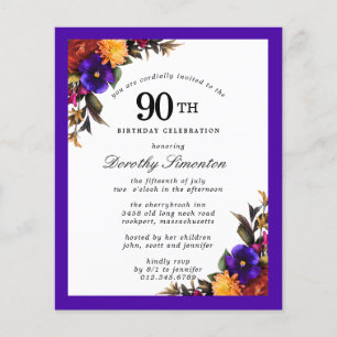 BUDGET Purple Burgundy Floral 90th Birthday Invite