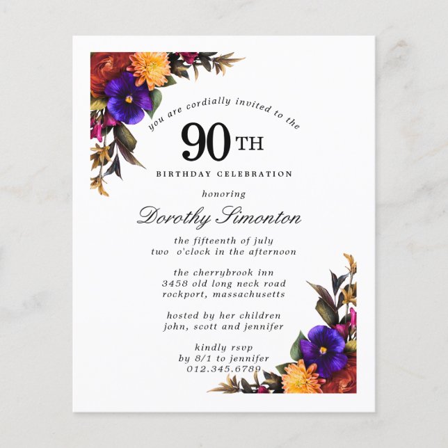 BUDGET Purple Burgundy Floral 90th Birthday Invite (Front)