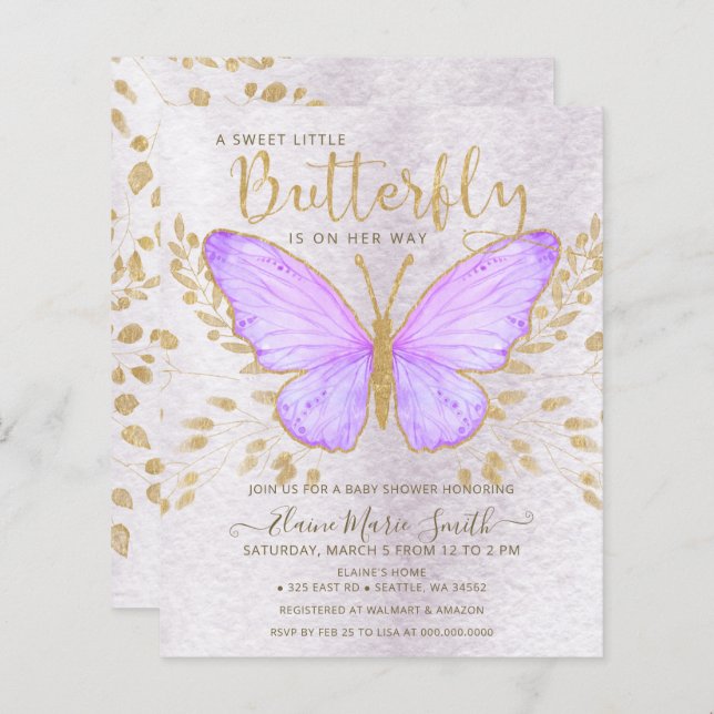 Budget Purple Butterfly Baby Shower Invitation (Front/Back)
