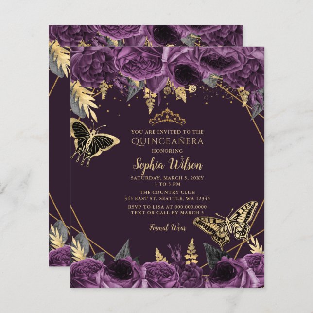 Budget Purple Butterfly Quinceañera Invitation (Front/Back)