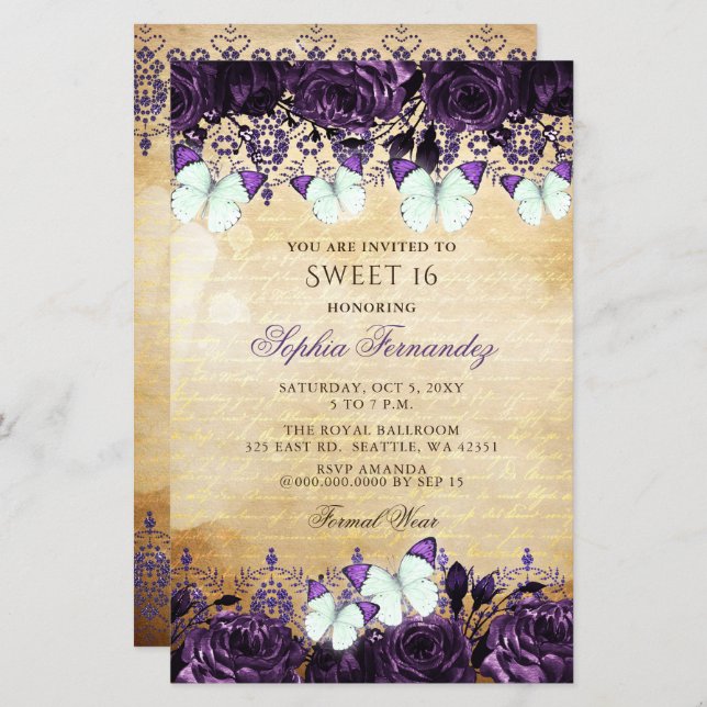 Budget Purple Butterfly Sweet 16 Invitation (Front/Back)