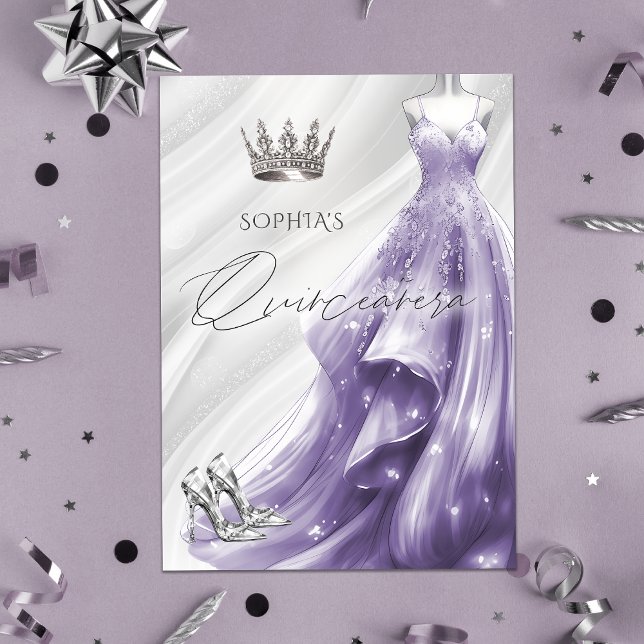 Budget Purple Dress Quinceañera Invitation (Budget Silver Purple Sparkle Dress Quinceañera Invitation)