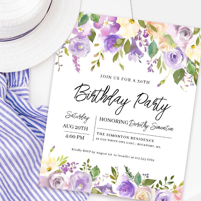 Budget Purple Floral 30th Birthday Invitation (Matching welcome sign and party supplies available. Message me for help finding them. )