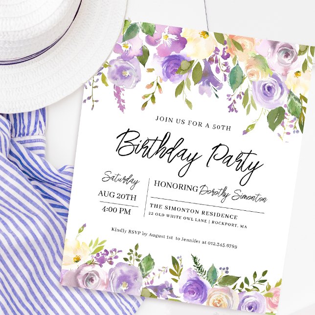 Budget Purple Floral 50th Birthday Invitation (Matching welcome signs and party supplies available. Message me for help finding them!)