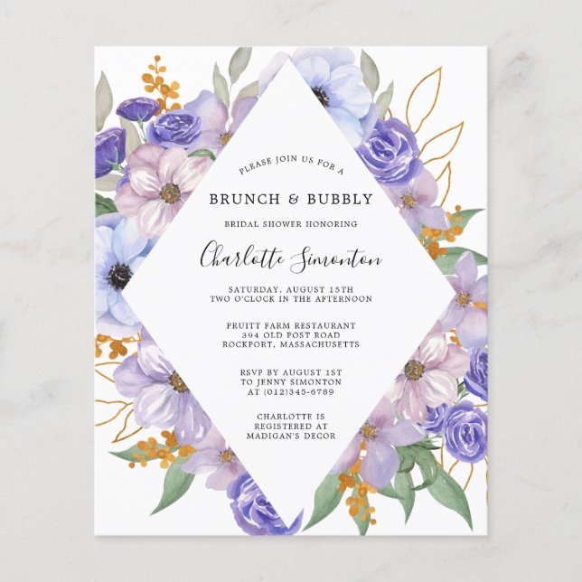 Budget Purple Floral Bridal Brunch Bubbly Invite (Front)