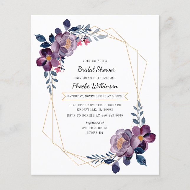 Budget Purple Floral Bridal Shower Invitation (Front)