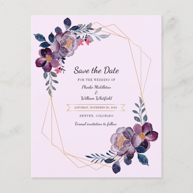 Budget Purple Floral Geometric Frame Save The Date Flyer (Front)