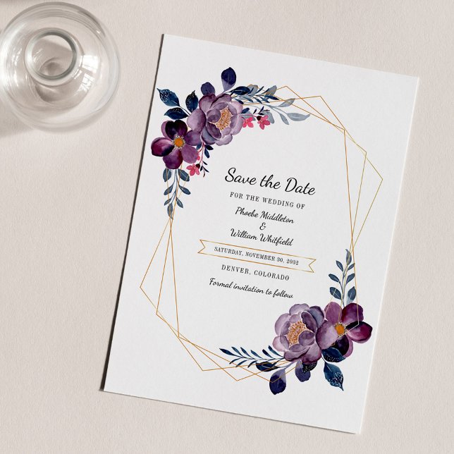 Budget Purple Floral Geometric Frame Save The Date Flyer (Purple Floral Watercolor Geometric Save the Date Flyer)