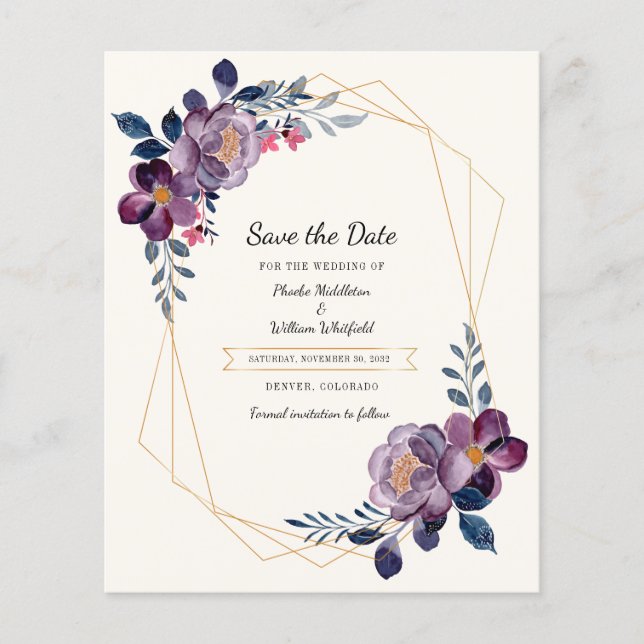 Budget Purple Floral Geometric Frame Save The Date Flyer (Front)