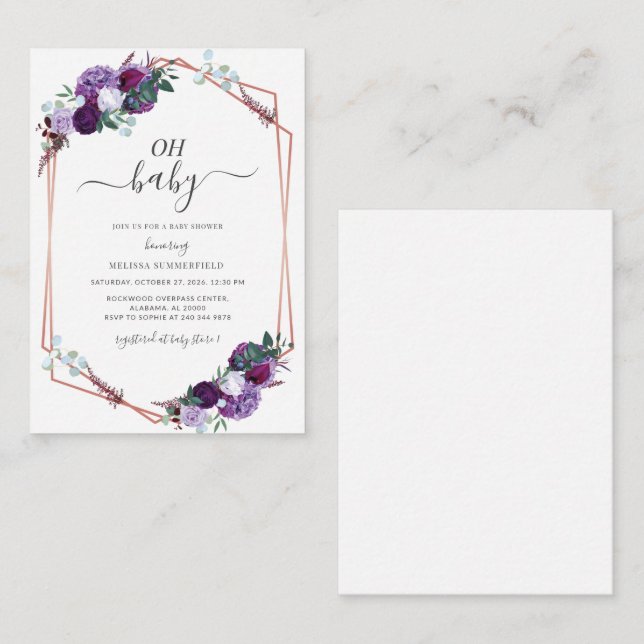 Budget Purple Floral Geometric Girl Baby Shower Card (Front/Back)