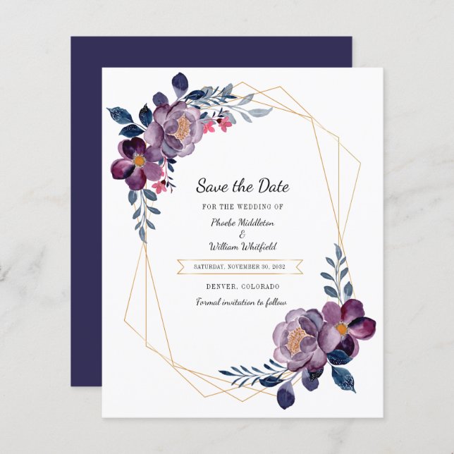 Budget Purple Floral Geometric Save The Date (Front/Back)