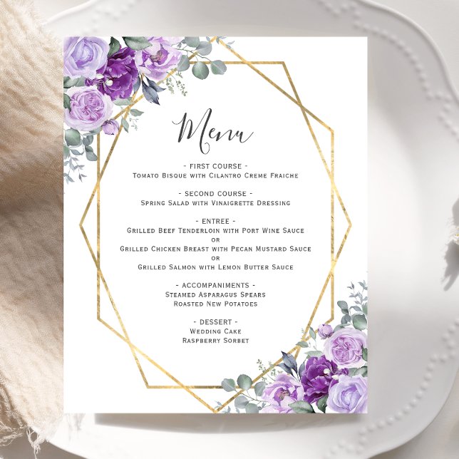 Budget Purple Floral Gold Geometric Wedding Menu (Creator Uploaded)