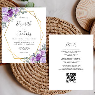 Budget Purple Floral Gold QR Code Wedding Invite
