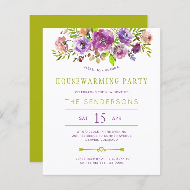 Budget purple floral housewarming party invitation (Front/Back)