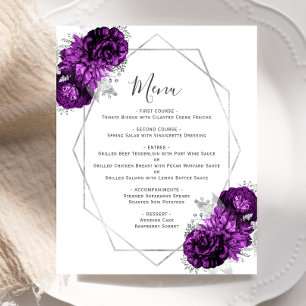 Budget Purple Floral Silver Geometric Wedding Menu