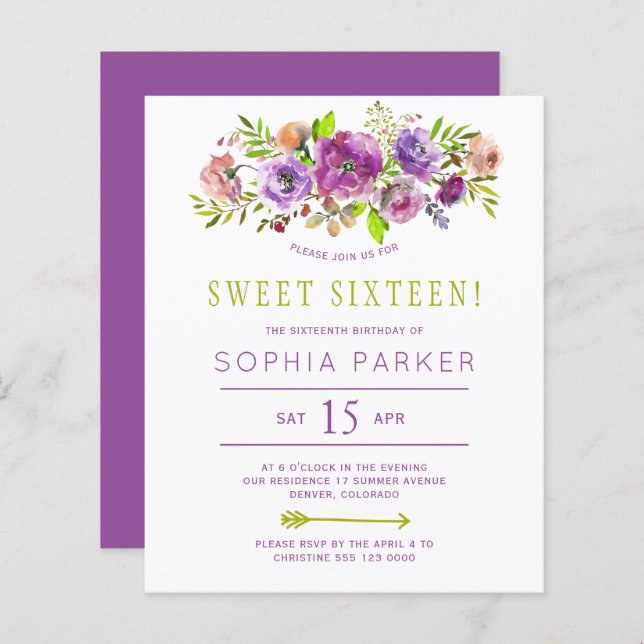 Budget purple floral Sweet 16 birthday invitation (Front/Back)