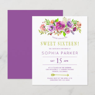 Budget purple floral Sweet 16 birthday invitation