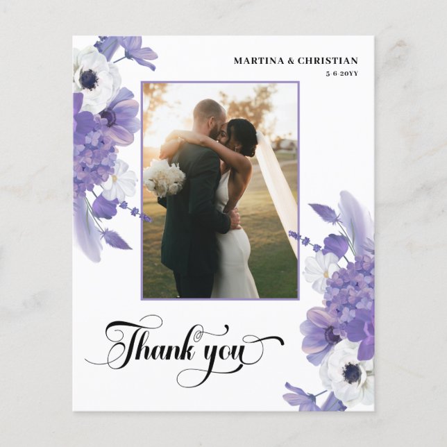 Budget Purple Floral Wedding Flat Thank you Card (Front)