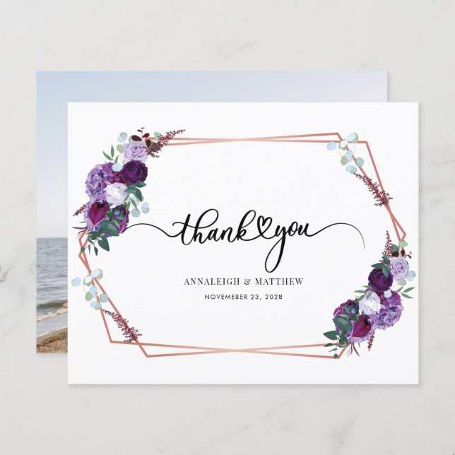 Budget Purple Floral Wedding Photo Thank You (Front/Back)