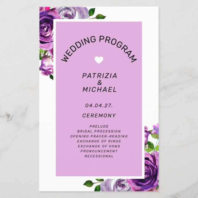 Budget Purple Floral Wedding  Program Flyer (Front)